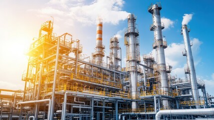 Fototapeta premium Industrial complex with smokestacks under blue sky