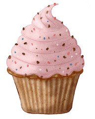 Sweet cupcake illustration. Watercolor bakery muffin with toping.