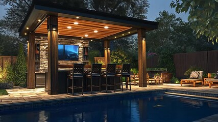 Backyard Patio Bar with Pool at Night