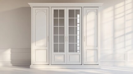 Fototapeta premium A luxurious white wardrobe with mirrored panels and polished handles, isolated on a soft ivory background.