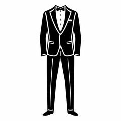a classic black suit, a symbol of elegance and formal occasions, is ready to be worn. A bow tie and pocket square add the final touches