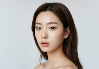 Naklejka premium Close-Up of a Young Woman with Natural Beauty and Radiant Skin, moist skin, Black hair, brown hair