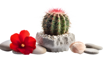 Green cactus and flower with flowerpot made of stone and seashells isolated on white background