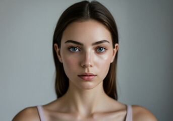 Naklejka premium Close-Up of a Young Woman with Natural Beauty and Radiant Skin, moist skin, Black hair, brown hair