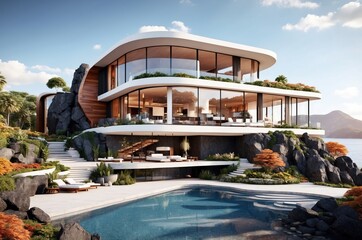 Obraz premium Modern luxury villa overlooking serene waters in a tropical landscape at sunset