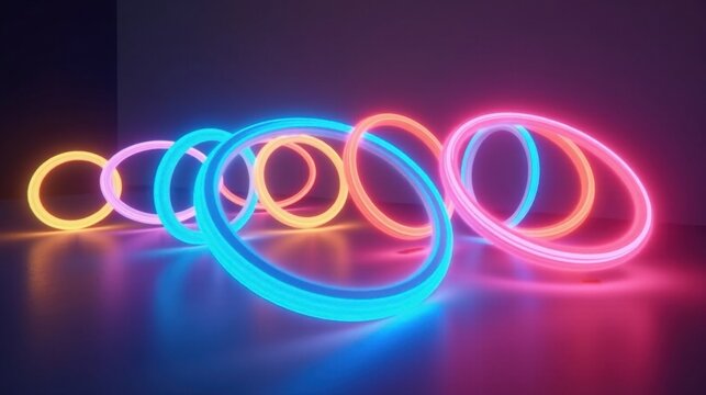 Glowing neon rings hover effortlessly, each one spinning and pulsating with vibrant color, shifting between dimensions in a seamless loop of motion and energy.