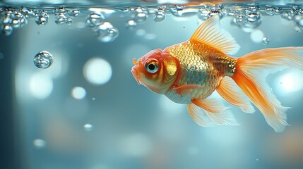 Goldfish swimming, bubbles, aquarium, bokeh background, pet