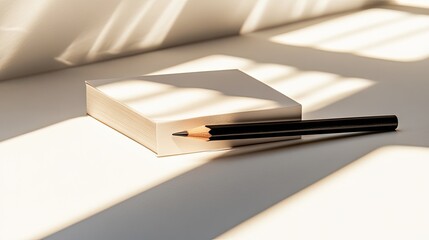 Fototapeta premium Blank notepad and pencil in sunlit room