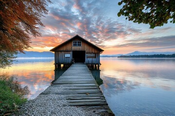 Sunrise Glow on Traditional Boathouse by Lake Ammersee, Bavaria's Scenic Outdoors for Summer Travel Adventures
