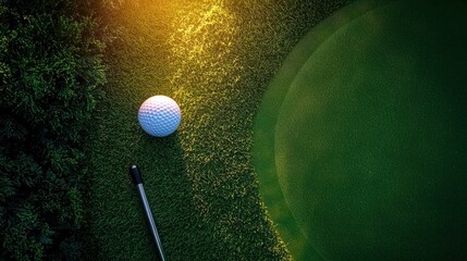 Golf ball near putting green, sunset, course