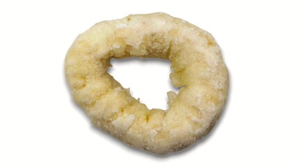 Top view of a frozen breaded jumbo (or flying) squid ring, isolated on white background.