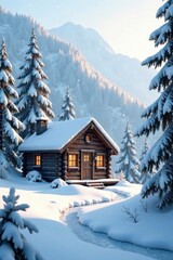 Fototapeta premium Serene Winter Cabin Retreat Nestled Amongst Snowy Evergreens and a Frozen Stream