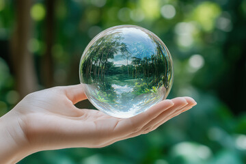 Crystal ball reflecting the world, in woman hand on blurred nature background. Ecology concept