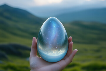 Hand holding a crystal egg with space inside on the background of a mountain landscape.