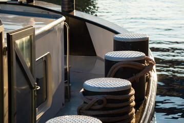 Closeup of deck of a house boat mooring at Seine river. France. Houseboat living issues: adventure,...