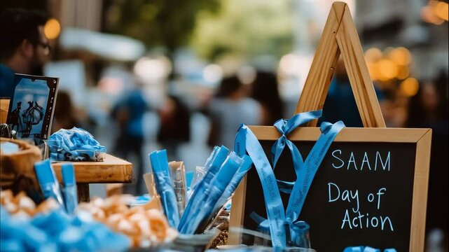 A vibrant display for SAAM Day of Action features a chalkboard sign, blue ribbons, and various treats. The event promotes awareness and action.
