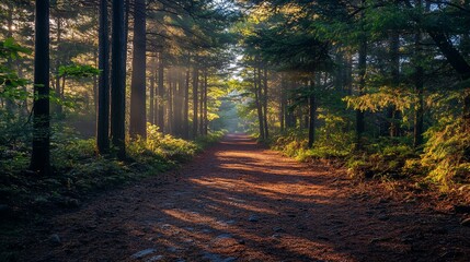 Fototapeta premium Sunlit forest path through trees with morning mist.