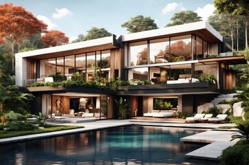 Fototapeta premium Modern luxury villa surrounded by tropical gardens and a tranquil pool in a vibrant natural setting