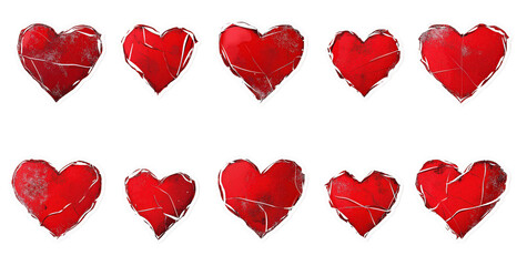 Fototapeta premium Cracked Hearts Collection: A set of ten unique, cracked red hearts, each with a different pattern and degree of breakage, perfect for Valentine's Day, heartbreak themes, or expressing vulnerability.