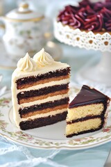 Delicious Layered Cakes with Vanilla Frosting and Chocolate Glaze