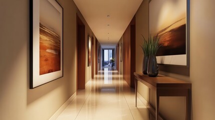 A clean and spacious hallway with warm-colored walls, minimalist artwork, and subtle lighting, providing a calming and welcoming transition between rooms