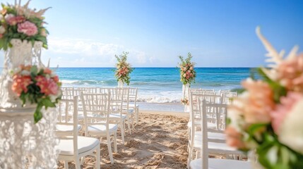 Beach Wedding Ceremony Setup: Romantic Oceanfront Chairs, Flowers, and Turquoise Waters