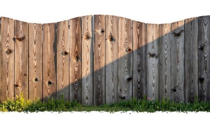 Fototapeta premium Rustic Wooden Fence with Grass at the Base, Showing Natural Wood Grain and Subtle Shadowing