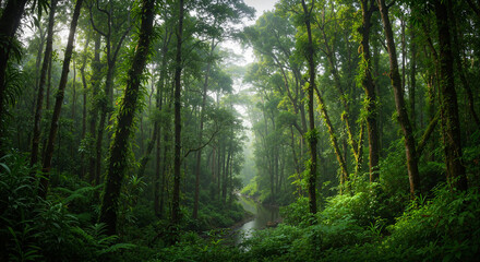 Obraz premium Trees and river deep inside tropical jungle rainforest of Southeast Asia