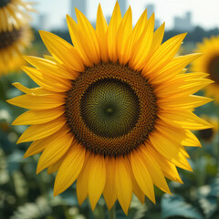 Fototapeta premium vibrant sunflower stands tall in field, radiating warmth and joy with its golden petals against blurry background