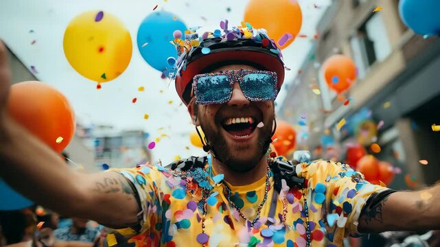 A joyful adult Caucasian male celebrates April Fools' Day, wearing a colorful confetti shirt, helmet, and sunglasses, amidst flying balloons and confetti. Pure fun and festive spirit.