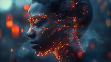 A digital illustration of a woman's face with glowing orange lines and dots overlaid on her skin.
