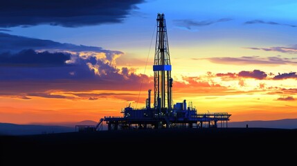 Obraz premium Silhouette of a Large Onshore Drilling Rig on Land: A Business Energy Landscape with Heavy Equipment and Blue Pipes Fueling the Gasoline Industry