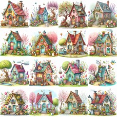 Obraz premium Watercolor Spring House. AI generated illustration