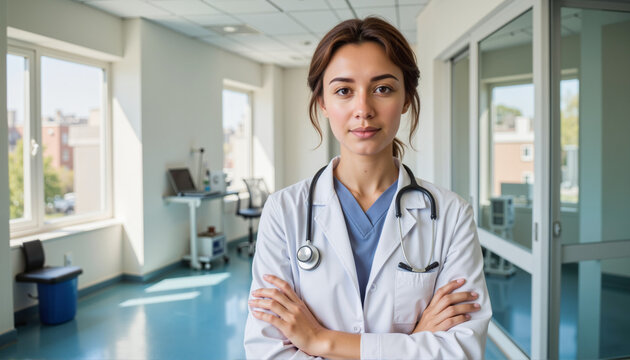 Female doctor standing confidently in a medical office