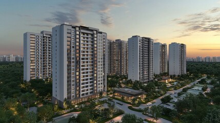 A birds-eye view of a modern city with towering residential buildings, as dusk paints the sky with warm hues.