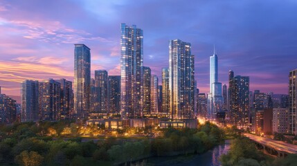 Obraz premium A breathtaking modern city skyline at dusk, featuring high-rise residential buildings illuminated by golden lights against a twilight sky.