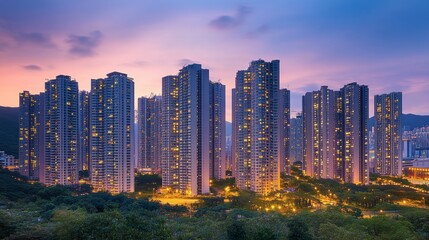 Obraz premium A breathtaking modern city skyline at dusk, featuring high-rise residential buildings illuminated by golden lights against a twilight sky.