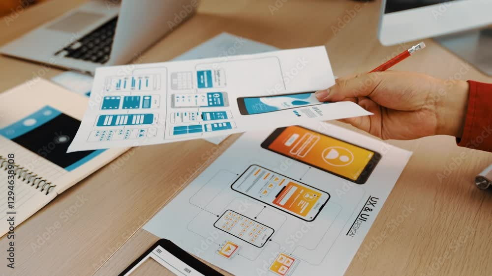 Wall mural excellent startup company employee presenting user interface prototype for mobile application to sma