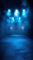 Mysterious corridor illuminated by blue lights with fog creating a dramatic atmosphere at night