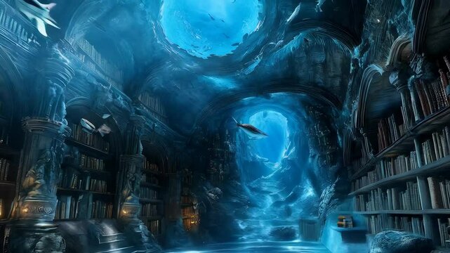 Enchanted underwater library, mystical cave, bookshelves, magical, Library Snap Shot Day. A breathtaking fantasy scene perfect for illustrating magical realism.