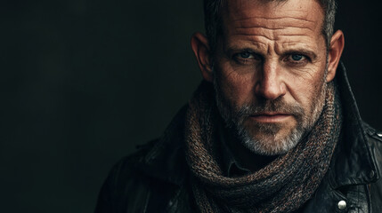 Obraz premium Rugged middle-aged man with a strong jawline, neatly trimmed beard, wearing a leather jacket and scarf, intense gaze, moody cinematic lighting