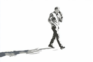 Fototapeta premium Silhouetted male figure walking with a bag against a minimalist white backdrop, casting a long shadow.