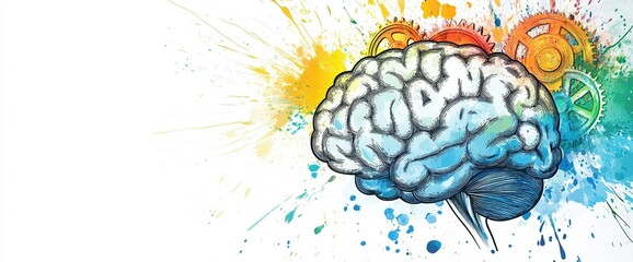 Abstract Vector Background with Brain and Gears, Colorful Splashes on White