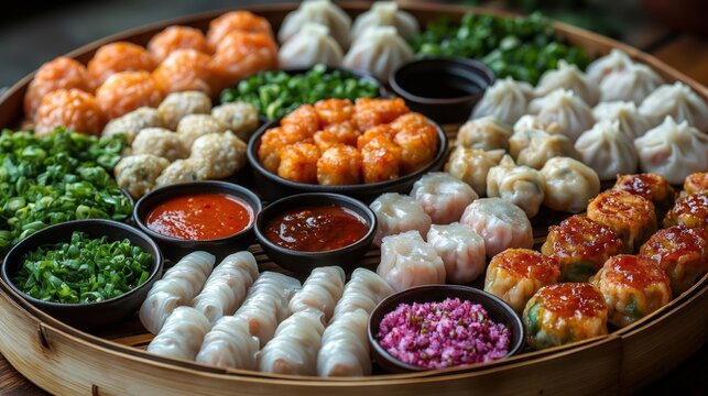 Delicious variety of chinese dumplings served on round bamboo tray