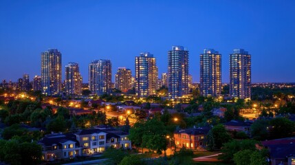Naklejka premium A city skyline at twilight, featuring stylish residential high-rises with twinkling lights and a deep blue sky.