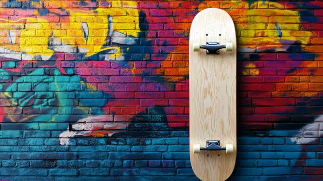 Blank skateboard mockup placed vertically against a vibrant graffiti wall background. The skateboard deck is plain and ready for custom designs or branding
