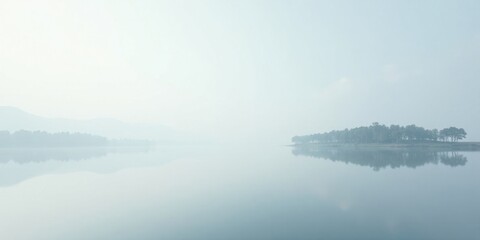 Fototapeta premium Serene Misty Lake with a Small Island of Trees Reflected in Still Waters