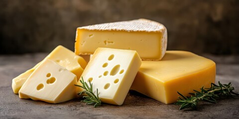 Assortment of artisanal cheeses with herbs displayed on a rustic table