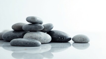 Serene arrangement of smooth, grey stones resting on a polished surface, reflecting light and creating a tranquil scene ideal for meditation or spa-like settings.