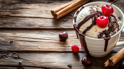 Delicious Ice Cream Sundae with Cherries and Chocolate Sauce